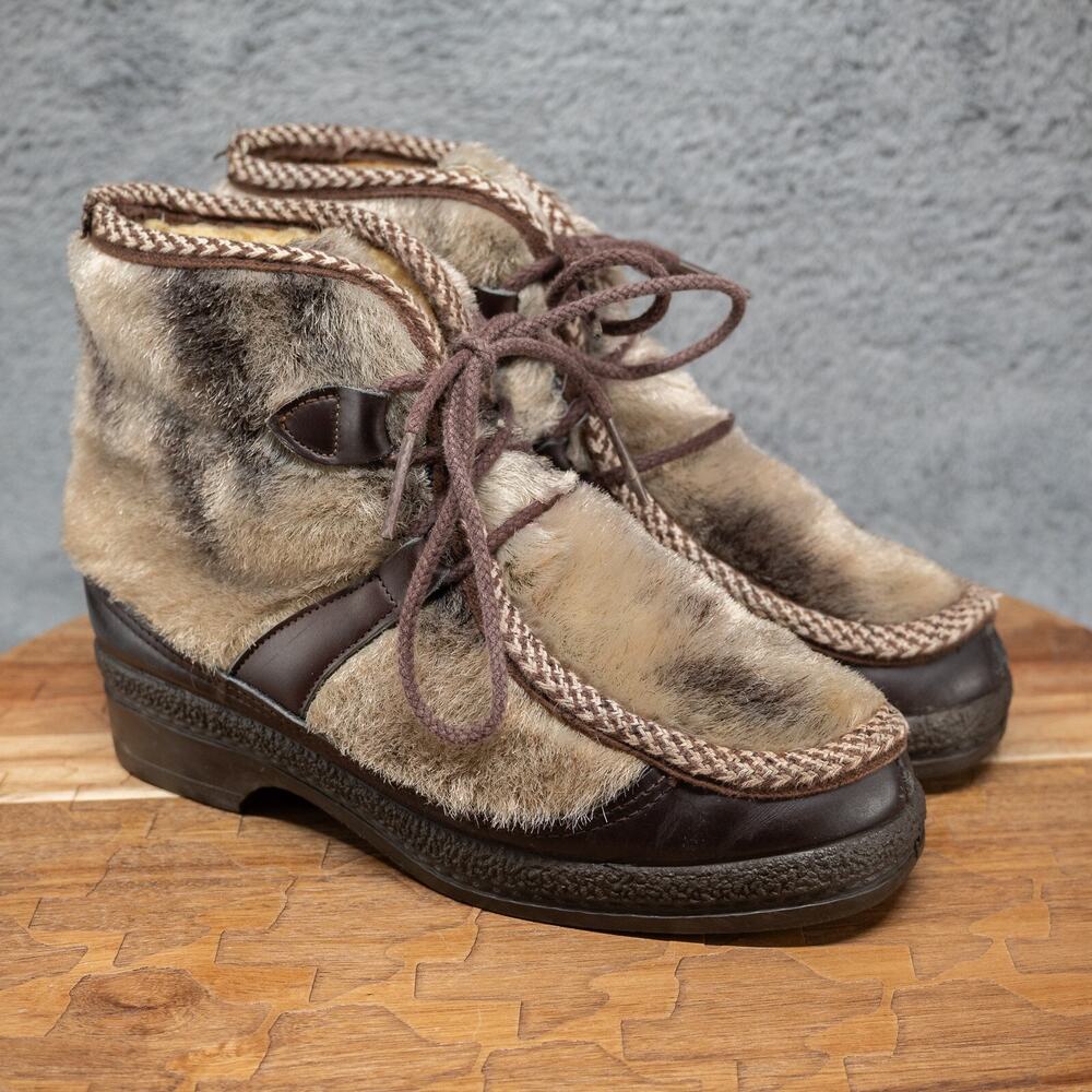 Snowland Vintage 60's 70's Snow Boots FAUX FUR Ankle Lace Up Lined USA Brown Sz5